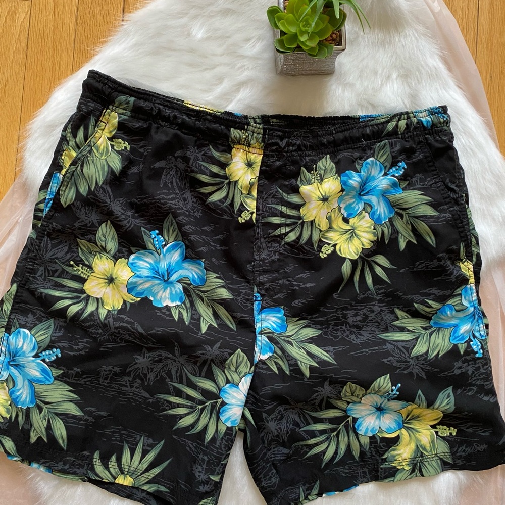 Black and Blue Swim Trunks with Elastic Waistband
